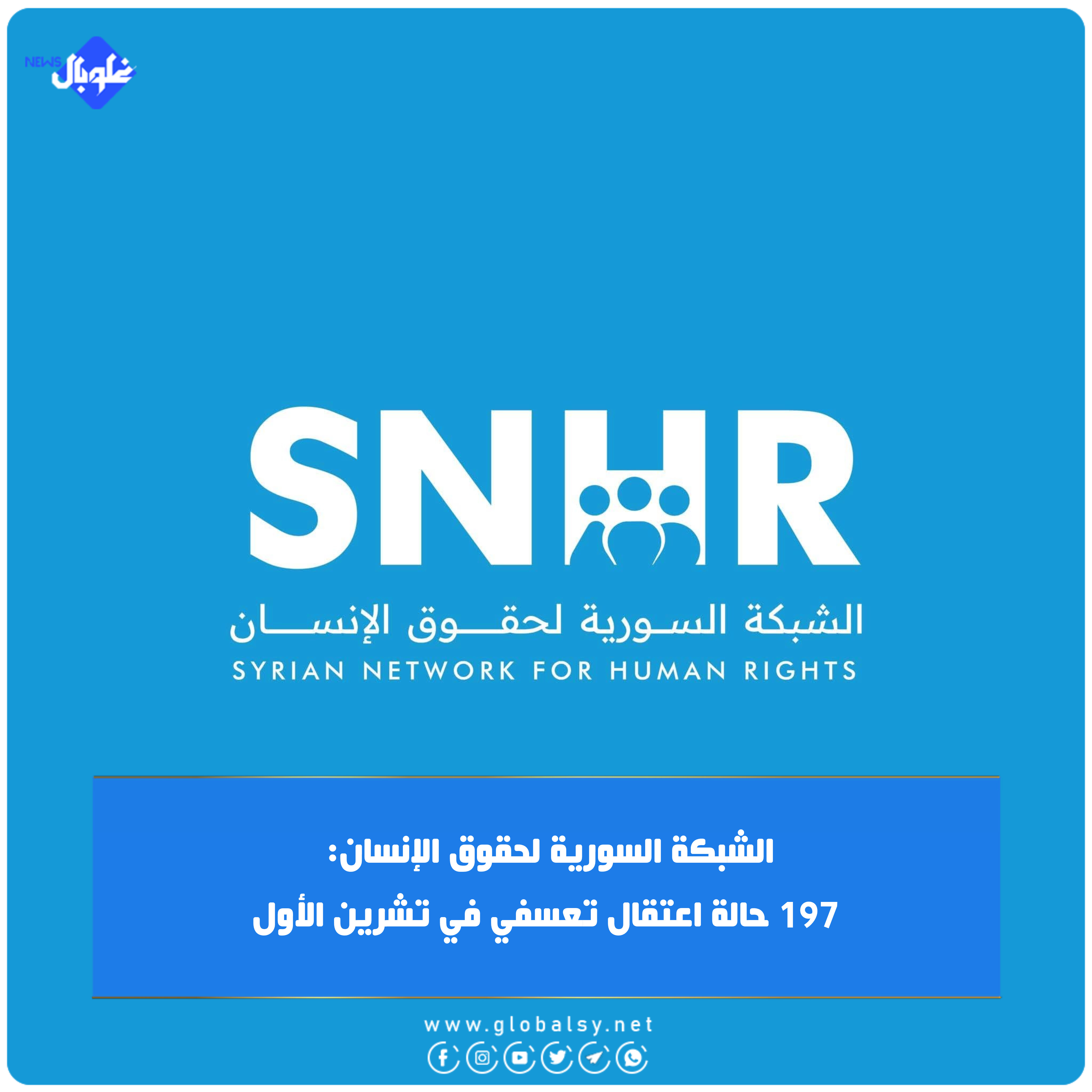 الشبكة السورية لحقوق الإنسان: 197 حالة اعتقال تعسفي في تشرين الأول